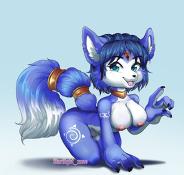 all_fours anthro areola barbell_piercing barely_visible_genitalia barely_visible_vulva big_breasts black_nose blue_body blue_fur blue_hair breasts dipstick_tail eyelashes female front_view fur genitals gradient_background green_eyes hair looking_at_viewer markings nipple_barbell nipple_piercing nipples nude open_mouth open_smile piercing pink_areola pink_nipples simple_background smile solo tail tail_markings thick_thighs vulva white_body white_fur white_markings wide_hips starliightzone nintendo star_fox krystal_(star_fox) canid canine fox mammal absurd_res hi_res
