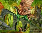 brown_body brown_feathers brown_hair claws day detailed_background dragon feathered_dragon feathered_scalie feathered_wings feathers feral forest grass hair hi_res horn mythological_creature mythological_scalie mythology natoli outside plant scalie smile solo tail traditional_media_(artwork) tree wings