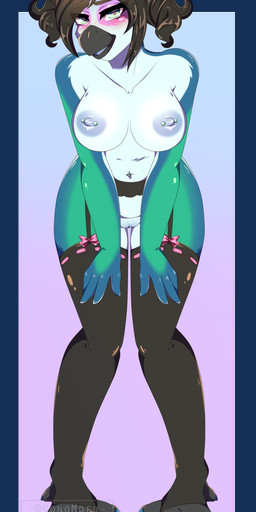 anthro beak black_hair border breasts claws clone clothing copyright_symbol exposed feet female garter_belt garter_straps genitals hair leaning leaning_forward legwear looking_at_viewer navel navel_piercing nipple_piercing nipples non-mammal_breasts non-mammal_nipples nude paws piercing pigtails shy slightly_chubby solo stockings symbol thick_thighs transparent_border vulva drummerwolf konomofu tranquility_rae_(tranquilityrae) avian bird fairy penguin alpha_channel full-length_portrait hi_res portrait