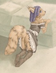 all_fours anthro bare_shoulders bed bent_over blue_eyes bottomless butt clothed clothing crossdressing drill_curls femboy footwear frilly fur furniture genitals hair knee_highs knee_socks legwear looking_at_viewer looking_back maid_uniform male multicolored_penis penis purple_hair raised_tail seductive socks solo stockings tail uniform young young_anthro young_male coonkun vandell domestic_cat felid feline felis maine_coon mammal low_res traditional_media_(artwork)