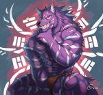 abs anthro biceps big_muscles biped bottomwear claws clothed clothing fangs flexing fur grin hair jaws loincloth looking_at_viewer male markings muscular muscular_anthro muscular_male pecs pink_eyes pose purple_body purple_fur sitting smile solo stripes teeth topless tribal underwear white_body white_fur null-ghost canid canine canis mammal wolf