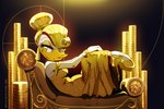 anthro beak blonde_hair breasts clothing coin dress eyebrows eyelashes female footwear furniture glistening gold_(metal) green_eyes hair hair_bun high_heels looking_at_viewer shoes solo walliscolours disney ducktales ducktales_(2017) goldie_o'gilt anatid anseriform avian bird duck 2020 hi_res