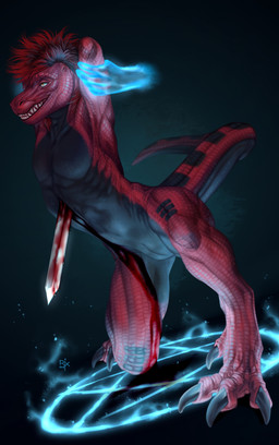 ambiguous_gender animal_genitalia anthro black_body black_hair black_scales blood blood_on_leg blood_on_sword blood_on_weapon bodily_fluids disembodied_hand duo eye_roll genital_slit genitals glistening glistening_eyes gore grin hair hands_behind_head imminent_death kneeling looking_pleasured male male_focus markings melee_weapon narrowed_eyes nude orange_eyes red_body red_hair red_scales scales sharp_teeth simple_background smile solo_focus striped_markings striped_tail stripes sword tail tail_markings teeth three-quarter_view weapon riorix furx_(character) lizard reptile scalie 2019 dated hi_res signature
