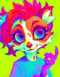 ambiguous_gender anthro blue_clothing blue_eyes blue_hair blue_topwear clothed clothing eyelashes front_view fur gloves green_background hair handwear looking_at_viewer mouth_closed multicolored_eyes purple_eyes red_body red_fur red_hair simple_background solo topwear two_tone_eyes whiskers white_body white_fur lostgoose felid mammal 2025 absurd_res bust_portrait dated hi_res portrait signature