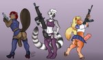 aa-12 ak_platform anthro anus assault_rifle bad_trigger_discipline balls blonde_hair bottomwear choker clothed clothing crossdressing erection femboy flaccid footwear garter_belt garter_straps genitals group gun hair hand_on_hip handgun high_heels holding_gun holding_handgun holding_object holding_pistol holding_ranged_weapon holding_rifle holding_shotgun holding_weapon hooves jewelry legwear male markings midriff navel necklace penis pistol raised_tail ranged_weapon red_hair rifle ring_(marking) ringed_tail shoes shotgun simple_background skirt stockings striped_markings striped_tail stripes tail tail_markings thigh_highs trio underhoof unguligrade weapon white_hair hanazawa beaver equid equine horse lemur mammal pony primate rodent strepsirrhine absurd_res hi_res