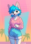 anthro blue_bottomwear blue_clothing blue_eyes blue_hair blue_shorts blush bottomwear breasts chest_tuft clothed clothing evergreen_tree female female_anthro fully_clothed fur hair hoodie inner_ear_fluff medium_breasts pine_tree pink_clothing pink_hoodie pink_topwear plant shorts solo standing topwear tree tuft vaporwave white_body white_fur azoomer canid canine mammal absurd_res hi_res