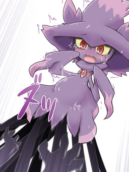 abdominal_bulge ambiguous_gender blush bodily_fluids duo kemono not_furry penetration red_eyes solo_focus sweat tears tentacles text rmtwo nintendo pokemon generation_4_pokemon ghost mismagius pokemon_(species) spirit 3:4 japanese_text