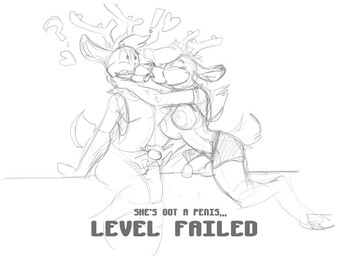 anthro antlers areola balls big_breasts breasts clothed clothing cloven_hooves confusion duo erection exclamation_point eyes_closed face_lick flaccid game_over gameplay_mechanics genitals gloves_(marking) gynomorph hair handjob heart_symbol hooves horn humanoid_genitalia humanoid_penis intersex intersex/male kissing leg_markings licking long_hair male markings nipples orientation_play penile penis penis_grab question_mark scut_tail sex shirt short_tail simple_background sitting socks_(marking) surprised tail tank_top text tongue tongue_out topless topless_gynomorph topless_intersex topwear unguligrade white_background worried furfragged leslie_(furfragged) sino_(furfragged) deer mammal 2015 4:3 english_text monochrome sketch trans_(lore) trans_woman_(lore)
