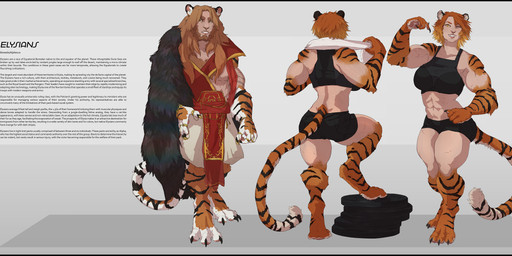 abs black_bars breasts claws clothing duo facial_hair female male ring tail text conditional_dnp oouna pinwheel_(snekguy) snekguy borealan elysian felid humanoid mammal pantherine tiger absurd_res english_text hi_res letterbox official_art