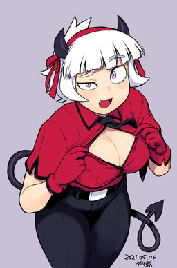 accessory bangs belt bent_over big_breasts black_clothing blue_eyes blush breasts cleavage clothed clothing eyebrow_through_hair eyebrows female gloves hair hair_accessory hair_ribbon handwear horn looking_at_viewer necktie not_furry pointed_tail presenting presenting_breasts raised_eyebrow red_clothing ribbons short_hair solo spade_tail tail translucent translucent_hair white_body white_skin tsukudani_(coke-buta) helltaker azazel_(helltaker) demon humanoid