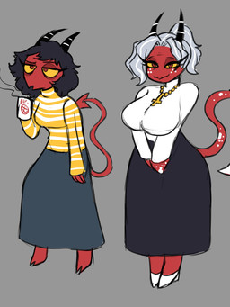 2_horns alternate_species big_breasts black_hair bottomwear breasts clothed clothing container cross cup duo eyebrows eyelashes female freckled_face freckles fully_clothed grey_background grey_hair hair half-closed_eyes holding_container holding_cup holding_mug holding_object hooves horn inverted_cross jewelry long_eyelashes looking_at_viewer markings mug narrowed_eyes necklace not_furry occult_symbol open_mouth pentagram red_body red_eyes red_skin short_hair simple_background skirt spade_tail spots spotted_markings spotted_tail steam sweater symbol tail tail_markings tear_trough topwear yellow_sclera omegamax hellaverse helluva_boss anya_(omegamax) nuvia_(omegamax) demon humanoid imp 2025 3:4 hi_res daughter_(lore) mother_(lore) parent_(lore)