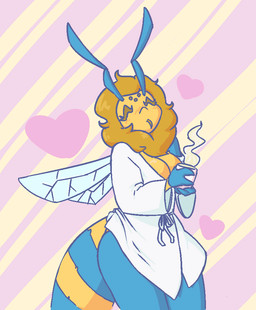 3_fingers antennae_(anatomy) anthro arthropod_abdomen blue_body breasts cleavage clothed clothing container cup eyelashes female fingers hair heart_symbol holding_container holding_cup holding_object invertebrate_proboscis mane mane_hair multicolored_body ocellis off_shoulder pointy_nose proboscis_(anatomy) robe slightly_chubby slightly_chubby_female solo steam stripes thick_eyelashes two_tone_body yellow_body thrussywizard acacia_(thrussywizard) arthropod bee hymenopteran insect