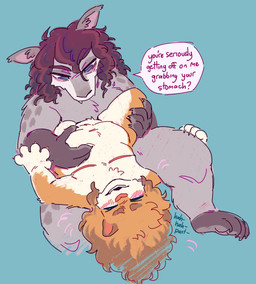 ambiguous_gender anthro belly belly_grab blush bullying claws curly_hair dialogue dominant dominant_female duo emanata eyes_closed female female/ambiguous hair leg_grab mastectomy_scar mature_female on_lap overweight overweight_female scar sitting snaggle_tooth speech_bubble teasing text thigh_grab tired_eyes upside_down visibly_trans squishysheepie spud_(squishysheepie) vivian_(squishysheepie) bandicoot bilby canid canine felid feline hybrid mammal marsupial english_text hi_res trans_(lore)