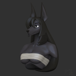 anthro bandage bandaged_chest black_body black_nose female hair long_hair pointy_ears solo drharkness sofia_(arbiter1209) canid canine canis jackal mammal 1:1 3d_(artwork) digital_media_(artwork) half-length_portrait hi_res portrait zbrush_(artwork)