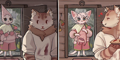 anthro biped bottomwear clothed clothed_anthro clothed_female clothed_male clothing duo feet female fingers front_view fully_clothed fully_clothed_anthro fully_clothed_female fully_clothed_male fur inside male smile standing tail toes topwear spuydjeks domestic_cat felid feline felis mammal 2026 absurd_res comic digital_drawing_(artwork) digital_media_(artwork) hi_res