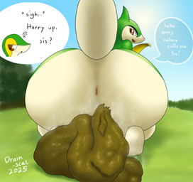 anthro anus big_butt butt butt_focus dialogue duo feces feces_on_ground feces_pile female female/female forest green_body huge_butt looking_at_another looking_at_partner looking_back looking_back_at_another looking_back_at_partner multicolored_body outside plant rear_view sky speech_bubble tail tan_body text tree two_tone_body wide_hips drain_scat nintendo pokemon generation_5_pokemon pokemon_(species) reptile scalie servine snivy 2025 english_text hi_res sibling_(lore) sister_(lore) sisters_(lore)