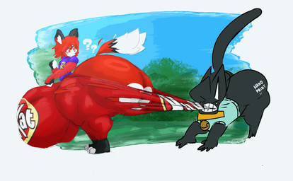 all_fours anthro assisted_exposure balls big_balls big_bulge big_butt big_penis bottomless bottomwear branded_clothing bulge butt clothed clothing collar duo fully_clothed genitals huge_bulge huge_butt hyper hyper_bulge hyper_butt male pants penis thick_thighs torn_bottomwear torn_clothing torn_pants lumiink kitkat takis ink_(lumiink) proxy_(crazyassfox22) canid canine demon domestic_cat felid feline felis fox mammal unknown_species 2_frame_animation animated hi_res