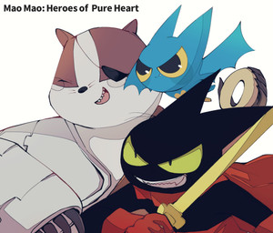 anthro bagel black_body black_fur bread cybernetics eye_patch eyewear female flying food fur green_eyes group machine male melee_weapon sword text weapon mitani01 cartoon_network mao_mao:_heroes_of_pure_heart adorabat badgerclops sheriff_mao_mao_mao badger bat cyborg domestic_cat felid feline felis mammal mustelid musteline english_text hi_res