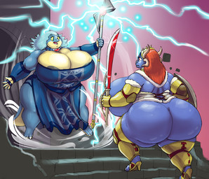 anthro areola armor big_breasts big_butt blue_eyes breasts brown_eyes brown_hair butt cleavage clothed clothing curvy_figure duo electricity fangs female footwear hair high_heels huge_breasts huge_butt hyper hyper_breasts knight lightning magic_user melee_weapon non-mammal_breasts obese overweight polearm robe shield shoes side_boob skimpy spear staff sword tail teeth thick_thighs warrior weapon white_hair wide_hips vdisco dungeons_and_dragons hasbro mythology wizards_of_the_coast indy_(vdisco) roo_(huskytrent) dragon dragonborn_(dnd) lizard mythological_creature mythological_scalie reptile scalie 2018 digital_media_(artwork) hi_res