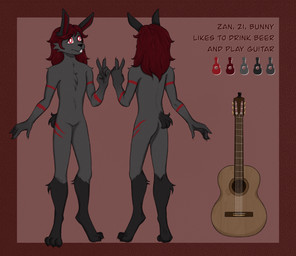 acoustic_guitar anthro digitigrade fur grey_body grey_fur guitar hair long_hair male musical_instrument nude plucked_string_instrument red_hair solo string_instrument text tuner tsukkiehh bunny_zan lagomorph leporid mammal rabbit absurd_res english_text hi_res model_sheet