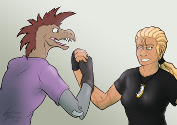 anthro arm_scar bionic_arm bionics blonde_hair breasts brown_hair clothing cybernetic_arm cybernetic_limb duo facial_scar female gesture gloves grey_eyes grin hair hand_holding handshake handwear jewelry light_body light_skin male mohawk necklace ponytail scar sharp_teeth shirt simple_background smile t-shirt tan_body teeth topwear dragunalb halo_(series) microsoft xbox_game_studios you_son_of_a_bitch! flux_(shoryuken92) alien human kig-yar mammal ruuhtian scalie absurd_res colored hi_res meme