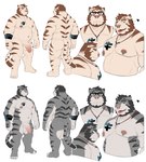 anthro arm_tattoo arm_tuft balls beard belly biceps black_stripes brown_hair brown_stripes butt chest_tattoo cjk_character claws ear_piercing ear_ring elbow_tuft eyewear facial_hair facial_piercing finger_claws foreskin front_view fur genitals glasses grey_body grey_eyes grey_fur hair heart_symbol humanoid_genitalia humanoid_penis jewelry looking_at_viewer male navel necklace nipple_piercing nipple_ring nipples nose_piercing nose_ring nude partially_retracted_foreskin pecs penis piercing rear_view ring_piercing septum_piercing septum_ring side_view simple_background slightly_chubby slightly_chubby_anthro slightly_chubby_male solo standing striped_body striped_fur stripes tan_body tan_fur tattoo toe_claws tongue tongue_out tuft vein veiny_penis white_background takahirosi taika_(nekoritaika) felid mammal pantherine tiger hi_res model_sheet