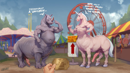 ambiguous_gender amusement_park amusement_ride animal_genitalia animal_penis anthro balls belly big_belly big_penis carousel detailed_background dialogue disembodied_hand duo equine_genitalia equine_penis facial_horn ferris_wheel first_person_view fur genitals grey_body grey_skin horn humanoid_hands male medial_ring musclegut muscular muscular_anthro muscular_male muscular_taur nose_horn nude overweight overweight_anthro overweight_male overweight_taur pecs penis rhino_penis tail tail_tuft take_your_pick text ticket tuft white_body white_fur laser_(artist) mythology equid equid_taur equine equine_taur mammal mammal_taur mythological_creature mythological_equine rhinoceros rhinocerotoid_taur taur unicorn unicorn_taur 16:9 english_text hi_res widescreen