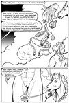 2021 anthro black_and_white clothed clothed/nude clothed_male clothing comic dialogue dragon duo english_text equid equine female genitals grin gustav_(here_there_be_dragons) hair here_there_be_dragons horn horse karno larger_female looking_at_genitalia looking_at_pussy male mammal monochrome mythological_creature mythological_scalie mythology nude offscreen_character open_mouth open_smile pussy scalie shoulder_devil simple_background size_difference smaller_male smile smoke speech_bubble teeth text zashy