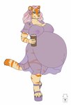 anthro belly beverage big_belly closed_smile clothed clothing curled_hair dress female footwear fur hair high_heels holding_beverage holding_object huge_belly lips logo looking_at_viewer markings mouth_closed narrowed_eyes nipples orange_markings pink_hair pink_lips pink_nose pregnant pregnant_anthro pregnant_female purple_clothing purple_dress purple_footwear purple_high_heels shoes simple_background smile solo standing striped_legs striped_markings striped_tail stripes tail tail_markings translucent translucent_clothing translucent_dress white_background yellow_body yellow_fur milk-jug felid mammal 2022 artist_logo full-length_portrait portrait