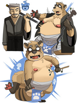 anthro asian_clothing balls belly big_balls big_belly blue_clothing blue_fundoshi blue_underwear blush clothing east_asian_clothing fundoshi genitals japanese_clothing male mature_male overweight overweight_male solo surprised transformation underwear weapon coolietf canid canine human mammal raccoon_dog tanuki 2026 3:4 hi_res