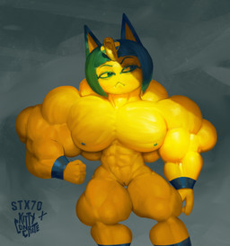 abs anthro arm_cuff arm_cuffs armcuff biceps big_muscles big_pecs blue_eyes blue_hair blue_nipples clothing egyptian egyptian_clothing egyptian_headdress female fur genitals hair huge_muscles huge_pecs hyper hyper_muscles lats_(muscle) leg_cuff leg_cuffs legcuffs muscular muscular_arms muscular_legs muscular_thighs nipples nude nude_anthro nude_female pecs snake_headdress solo standing vulva yellow_body yellow_fur kitty_concrete stx70 animal_crossing nintendo ankha_(animal_crossing) domestic_cat felid feline felis mammal digital_drawing_(artwork) digital_media_(artwork) digital_painting_(artwork) draw_over hi_res painting_(artwork)