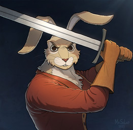 anthro clothed clothing male medieval melee_weapon solo standing sword weapon mr.solar nelvana redwall basil_stag_hare lagomorph leporid mammal rabbit hi_res