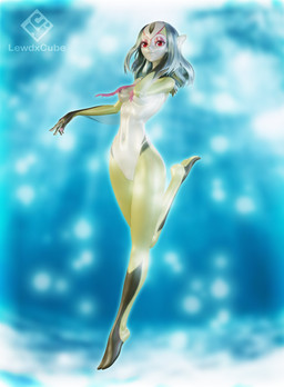 arm_fin barely_visible_nipples black_stripes blue_hair breasts clothing colored_nails eyeshadow facial_markings featureless_crotch female fin forehead_markings hair hand_on_own_neck head_markings humanoid_pointy_ears makeup markings multicolored_body nails navel nipples pink_eyeshadow pink_nails pointy_ears red_eyes red_markings sea slim small_breasts solo stripes swimming underwear water white_body yellow_body lewdxcube blue_submarine_no._6 mutio animal_humanoid aquatic aquatic_humanoid fish fish_humanoid humanoid hybrid 3d_(artwork) absurd_res digital_media_(artwork) hi_res