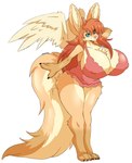 anthro big_breasts big_ears big_hands big_tail blue_eyes breasts brown_body brown_fur chest_tuft claws cleavage clothed clothing curvy_figure dress feet female fluffy fluffy_tail fur hair hand_behind_head huge_breasts huge_tail lingerie looking_at_viewer multicolored_body nightgown nipples pink_nose pose red_hair smile solo spread_wings standing tail tan_body tan_fur thick_thighs topwear tuft voluptuous wide_hips wings suddenhack ruby_sahira canid canine canis fennec_fox fox mammal true_fox absurd_res digital_media_(artwork) hi_res pinup