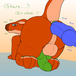 anal anal_penetration animal_genitalia anthro anus balls butt duo erection genitals inner_ear_fluff kneeling male male/male paws penetration penis presenting sex sheath tail text tuft keli_kameks the_nature_of_predators onso_(the_nature_of_predators) alien capybara caviid kangaroo macropod mammal marsupial rodent yotul_(the_nature_of_predators) 1:1 digital_drawing_(artwork) digital_media_(artwork) english_text