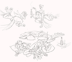 alcohol anthro anthro_on_anthro beak beverage breast_play breasts butt cigarette claws eyes_closed female fluffy fluffy_tail group hair husband_and_wife love male male/female married_couple mature_female mature_male nipples open_mouth open_smile romantic romantic_couple simple_background sleeping smile tail white_background wine unknown_artist hellaverse helluva_boss stella_(helluva_boss) stolas_(helluva_boss) avian demon hi_res sketch