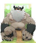 2021 5:6 absurd_res anthro balls beard belly biceps big_hands bottomwear bulge clothed clothing facial_hair felid feline felis fur generation_8_pokemon genitals grey_beard grey_facial_hair hair hi_res horn humanoid humanoid_hands loincloth looking_at_viewer male mammal moobs musclegut muscular muscular_anthro muscular_male navel nintendo nipples o-ro outside overweight overweight_anthro overweight_male perrserker pokemon pokemon_(species) pubes smile solo topless