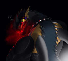 angry anthro back_spikes black_background blood blood_in_mouth blood_on_face bodily_fluids collar ear_piercing ear_ring horn horror_(theme) light_mouth lights looking_at_viewer looking_back looking_back_at_viewer machine male muscular muscular_male nude piercing ring_piercing screen screen_face sharp_teeth simple_background solo spiked_collar spikes spikes_(anatomy) steamy_breath teeth teymosoo nykto_orygn_euster_(teymosoo) kristen_(teymosoo) living_machine monster robot robot_feral synth_(vader-san) hi_res