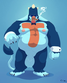 balls belly big_belly black_bow_tie blue_background blue_balls blue_body blue_eyebrows blue_fur blue_tail bow_tie cigar cigar_in_mouth eyebrows flaccid front_view fur genitals humanoid_genitalia humanoid_penis looking_at_viewer male navel nipples nude obese obese_humanoid obese_male object_in_mouth overweight overweight_humanoid overweight_male penis pink_nipples simple_background solo tail tail_tuft teeth tuft chocolateandmilk humanoid 4:5 full-length_portrait hi_res portrait