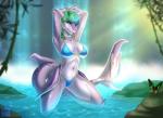 2016 anthro arms_bent bent_legs bra breasts clothed clothing delphine_(officialbitwave) digital_media_(artwork) duo female fin fish gem green_hair hair jewelry kneeling kneeling_in_water legs_in_water marine mature_anthro mature_female necklace non-mammal_breasts partially_submerged pearl_(gem) pearl_necklace raised_arms rock shaded shallow_water shark solo_focus spots submerged_legs thong underwear water wyla