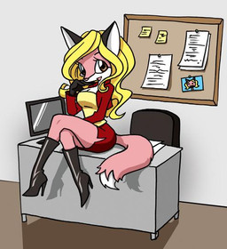 anthro big_eyes biped blonde_hair boots bulletin_board chair clothed clothing crossed_legs desk detailed_background dipstick_tail electronics female footwear fully_clothed fur furniture hair high_heeled_boots high_heels information_board inside markings monitor multicolored_tail office pink_body pink_fur shoes sitting solo table tail tail_markings white_body white_fur white_tail_tip unknown_artist my_cage maureen_fox canid canine fox mammal red_fox true_fox