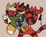 anthro clothing duo footwear gloves handwear male simple_background teeth tongue tongue_out rusheloc nintendo pokemon star_fox fox_mccloud canid canine fox generation_7_pokemon incineroar mammal pokemon_(species) crossover