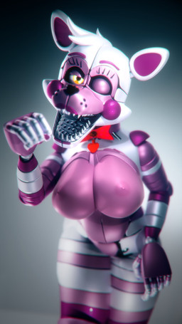anthro big_breasts bow_tie breasts crossgender fellatio_gesture female gesture glistening glistening_body glowing glowing_eyes gradient_background hair looking_at_viewer machine mtf_crossgender nipples one_eye_closed open_mouth oral_invitation pink_nipples sharp_teeth simple_background solo striped_legs suggestive suggestive_gesture teeth thick_thighs white_hair wink winking_at_viewer atherenders spacebaron_(modeler) five_nights_at_freddy's scottgames sister_location funtime_foxy_(fnaf) animatronic canid canine fox mammal robot robot_anthro 2025 3d_(artwork) 9:16 digital_media_(artwork) hi_res