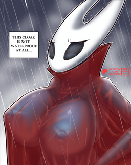 anthro big_breasts breasts clothed clothing dialogue female huge_breasts nipples no_pupils outside raining red_clothing solo standing text three-quarter_view translucent translucent_clothing wet wet_clothing white_head tehhank hollow_knight_(franchise) team_cherry hornet_(hollow_knight) arthropod english_text hi_res