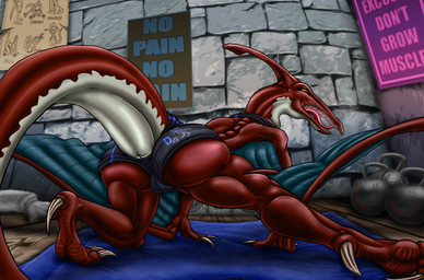 anthro big_butt breath butt exercise exercise_clothing exercise_equipment female membrane_(anatomy) membranous_wings muscular muscular_anthro muscular_female poster raised_tail solo sportswear stretching tail text weights wings lokidragon87 ptrisha_(lokidragon87) prehistoric_species pterosaur reptile scalie absurd_res english_text hi_res