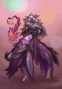 anthro biped breasts clothed clothed_anthro clothed_female clothing crown dress feathered_tail feathers female fingers front_view grey_eyes grey_hair hair headgear heart_tail holding_object humanoid_hands long_hair looking_at_viewer looking_down low-angle_view medium_breasts nipple_outline non-mammal_breasts red_sclera shadow simple_background solo standing tail alexsavenije hellaverse helluva_boss stella_(helluva_boss) avian avian_demon bird absurd_res colored full-length_portrait hi_res portrait shaded