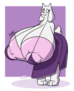 anthro areola big_areola big_breasts big_nipples bikini bikini_top blush breasts clothed clothing female floppy_ears horn huge_areola huge_breasts huge_nipples hyper hyper_breasts ineffective_clothing nipple_slip nipples onomatopoeia pink_areola pink_nipples robe smile solo sound_effects swimwear text two-piece_swimsuit white_body mattthetooncat undertale_(series) toriel boss_monster_(undertale) bovid caprine goat mammal absurd_res english_text hi_res