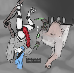 ambiguous_gender antlers brown_antlers climbing_down clothing dialogue duo eyes_closed feral fur genitals green_eyes green_markings horn machine male mark_of_communication markings penis pipe quills_(anatomy) robe scarf simple_background speech_bubble strapon tan_body tan_fur tan_markings tusks upside_down welcometaco rain_world videocult unparalleled_innocence_(rain_world) humanoid iterator_(rain_world) robot scavenger_(rain_world) hi_res maleherm_(lore)