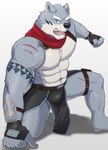 abs anthro armor barefoot blue_eyes feet fur grey_body grey_fur male muscular muscular_anthro muscular_male nipples pecs scar solo unconvincing_armor goofq_sumato crave_saga hakuma_(crave_saga) canid canine canis mammal wolf absurd_res hi_res