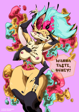 4_arms anthro areola big_breasts big_butt breasts butt eyelashes female freckled_face freckles glistening_eyelids gluttony huge_breasts huge_butt huge_hips huge_thighs hyper hyper_breasts hyper_butt long_eyelashes looking_at_viewer multi_arm multi_limb nipple_dip small_waist solo speech_bubble thick_thighs tongue tongue_out tuft wide_hips witchydawgart hazbin_hotel hellaverse helluva_boss mythology beelzebub queen_bee-lzebub_(helluva_boss) arthropod bee canid canid_demon canine demon fox hellhound hymenopteran insect mammal mythological_canine mythological_creature hi_res